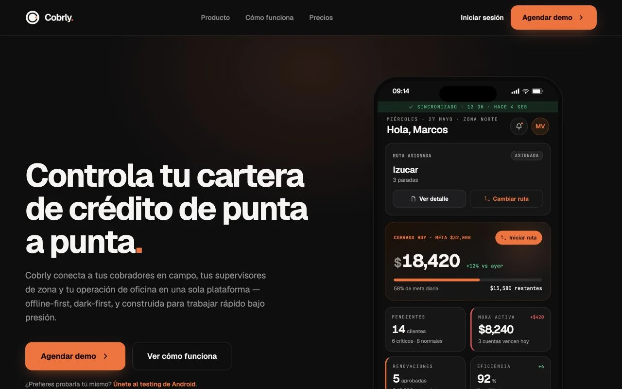 Landing actual de Cobrly con su propuesta de crédito y la app móvil