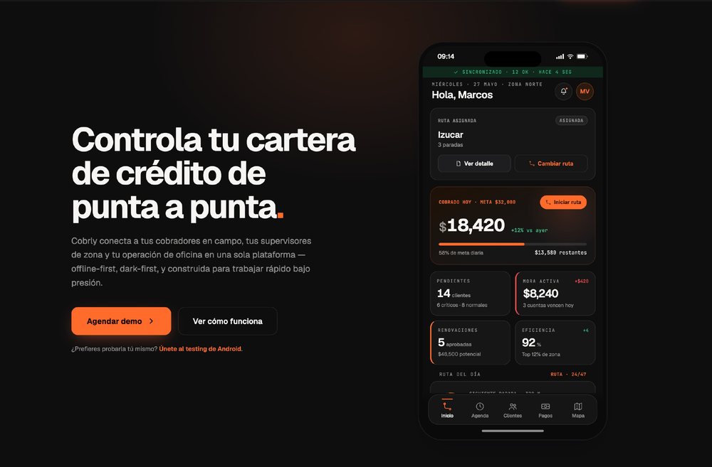 Panel de gestión de créditos de Cobrly y app móvil de cobranza, mostrados en la interfaz real de Cobrly: fondo oscuro y acentos naranjas.